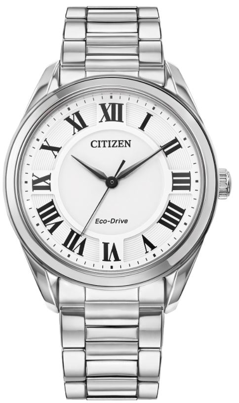 Citizen Arezzo timepiece. The watch contains a 40mm round stainless steel case having a white Roman date dial polished bezel & sapphire crystal. The Eco-Drive movement is water resistant to 50 meters. The watch also has a 3 row stainless steel link brac