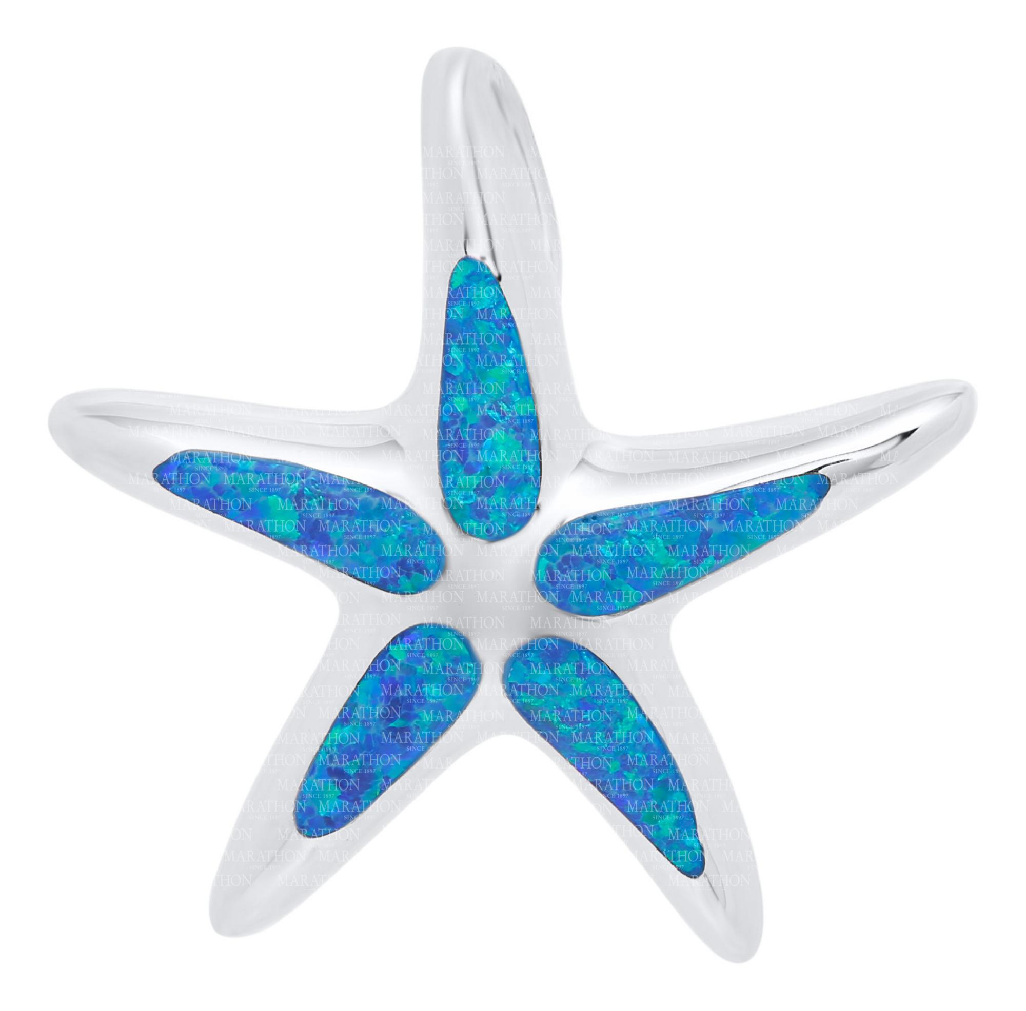 Sterling Silver  Starfish Pendant With Synthetic Opal  With 18 Inch Chain