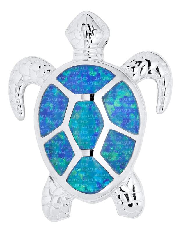 Sterling Silver Sea Turtle Pendant Synthetic Opal With 18 Inch Chain
