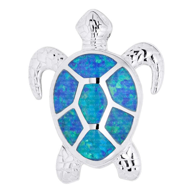 Sterling Silver Sea Turtle Pendant Synthetic Opal With 18 Inch Chain