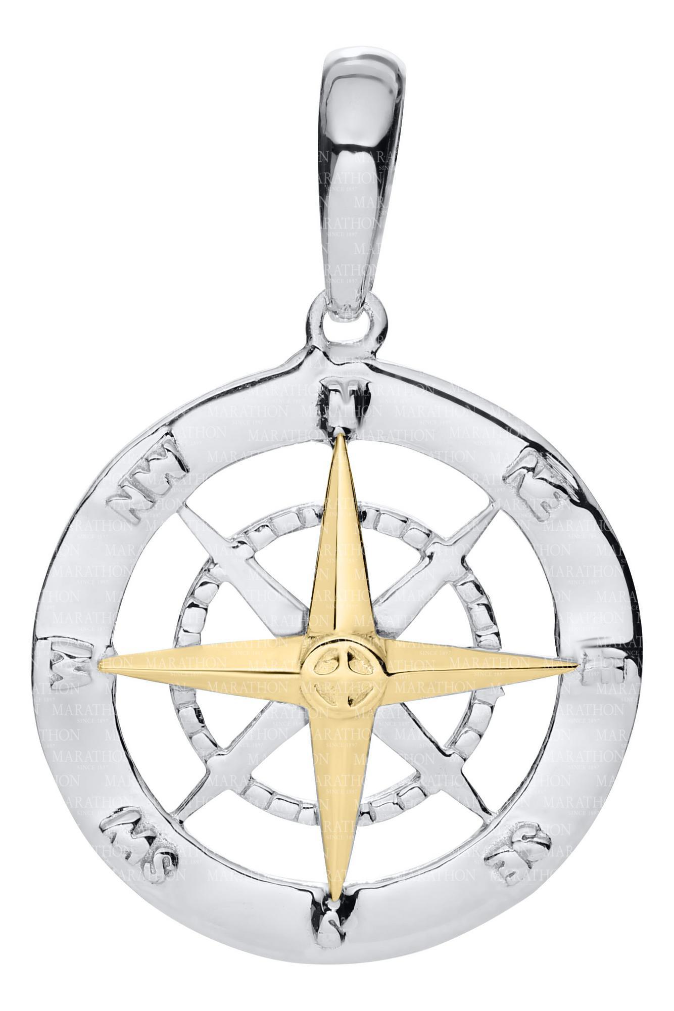 Sterling Silver And 14 Karat Rose Gold Compass Pendant With 18 Inch Chain