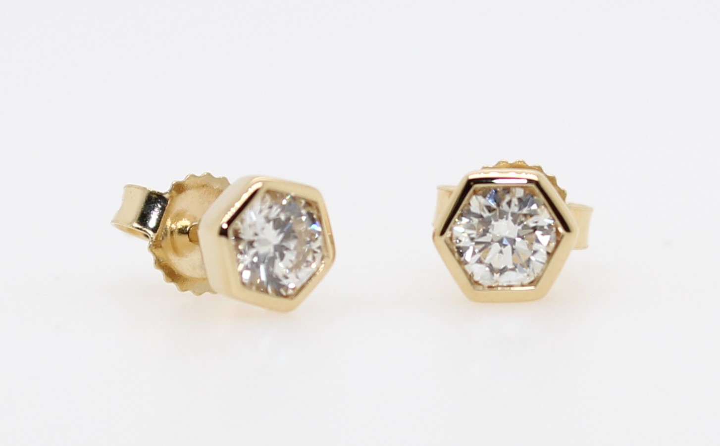 14 Karat Yellow Gold Hexagon Diamond Stud Earrings