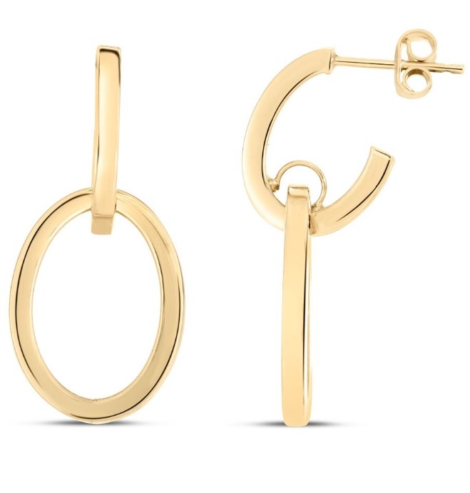 14 Karat Yellow Gold Interlocking Drop Hoops Oval Earring With Post And Friction Backs.