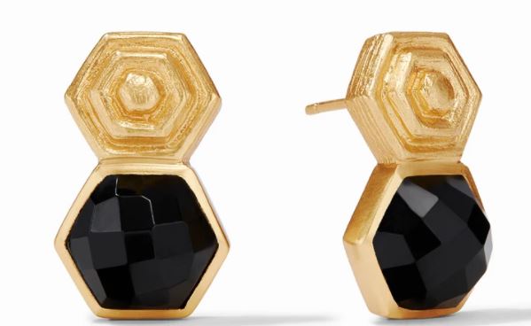 Julie Vos 24 Karat Gold Plate "Palladio Earring" Radiant Obsidian Black Gemstones Of Rose Cut Glass Suspended From Elegantly Scored Golden Hexagon With Raised Geometric Detail