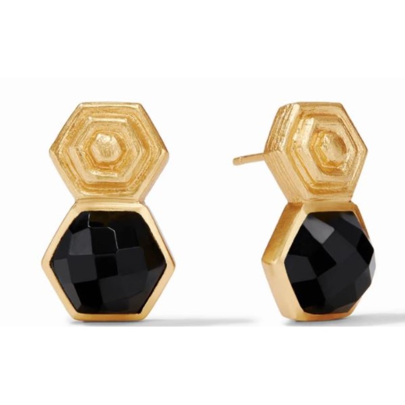 Julie Vos 24 Karat Gold Plate "Palladio Earring" Radiant Obsidian Black Gemstones Of Rose Cut Glass Suspended From Elegantly Scored Golden Hexagon With Raised Geometric Detail