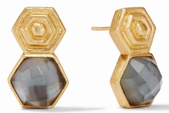 Julie Vos 24K Gold Plated "Palladio Earring" Radiant Charcoal Blue Gemstones Of Rose Cut Glass Suspended From Elegantly Scored Golden Hexagon With Raised Geometric Detail