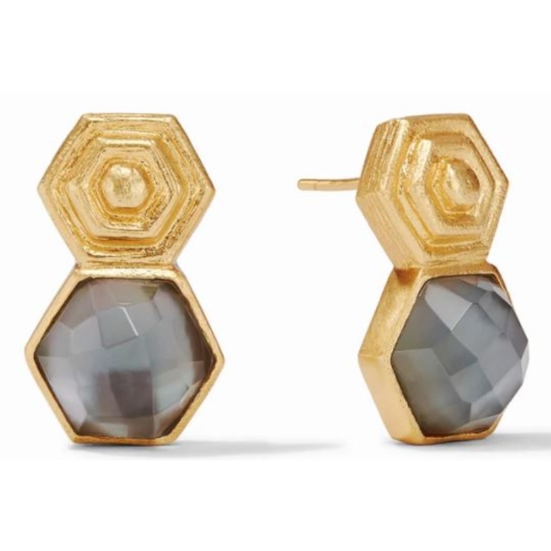 Julie Vos 24K Gold Plated "Palladio Earring" Radiant Charcoal Blue Gemstones Of Rose Cut Glass Suspended From Elegantly Scored Golden Hexagon With Raised Geometric Detail