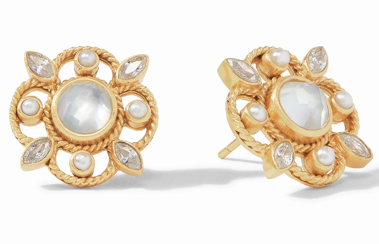 Julie Vos 24 Karat Gold Plated Monaco Iridescent Clear Crystal  & Pear Stud Earrings
