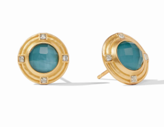 Julie Vos 24 Karat Yellow Gold Plated Astor Stud Earrings Having Round Cut Iridescent Peacock Blue Crystal In The Center With 4 Cz On The Edge Of The Frame