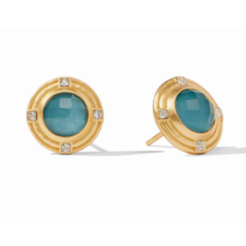 Julie Vos 24 Karat Yellow Gold Plated Astor Stud Earrings Having Round Cut Iridescent Peacock Blue Crystal In The Center With 4 Cz On The Edge Of The Frame