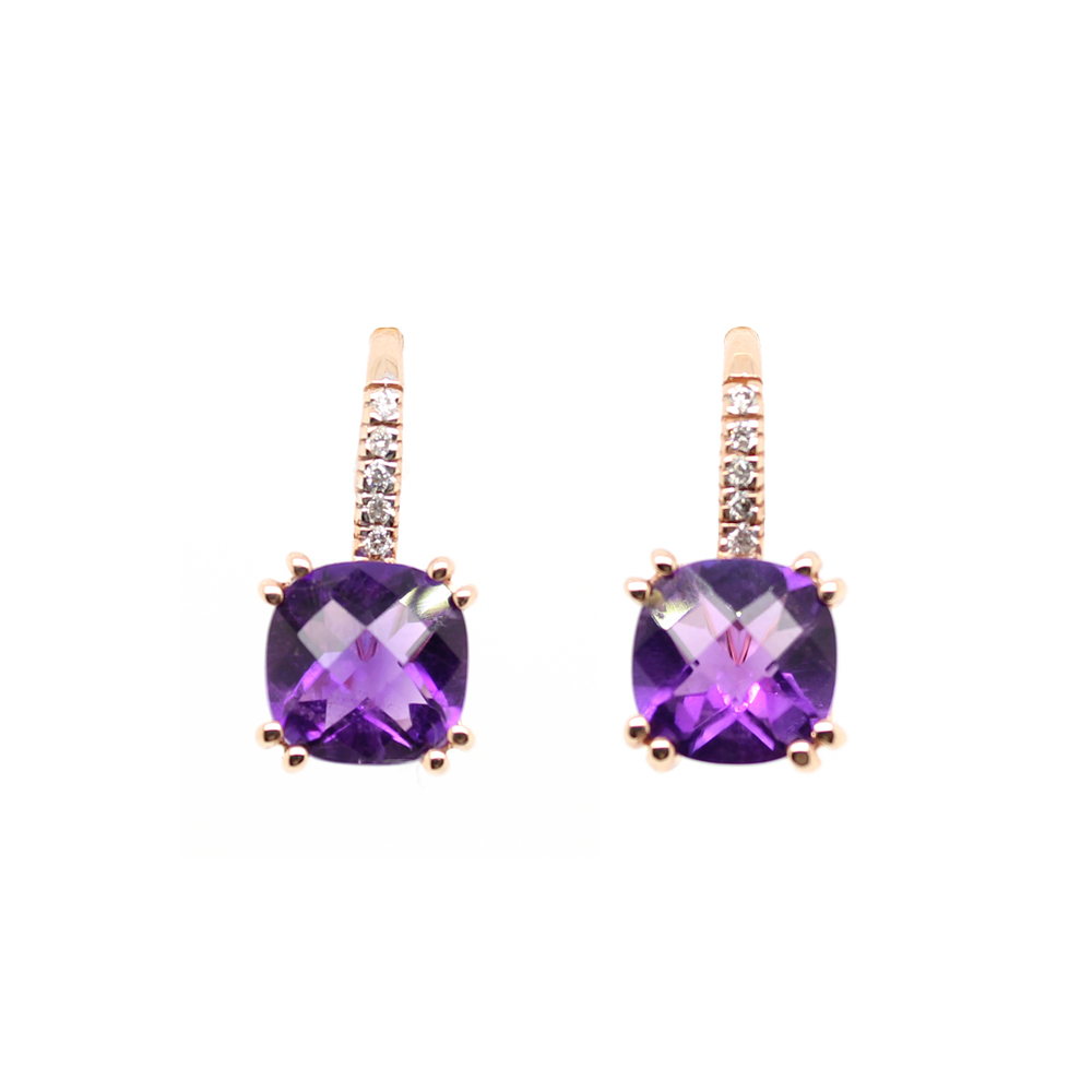 14 Karat Rose Gold Diamond And Amethyst Drop Earrings On Leverbacks