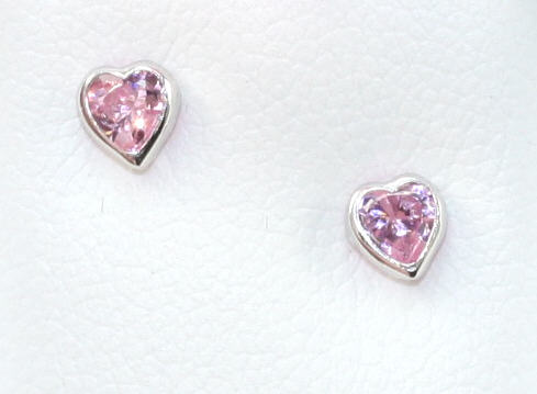 Kiddie Kraft Sterling Silver Pink Cz Heart Earrings With Screw On Safety Backs