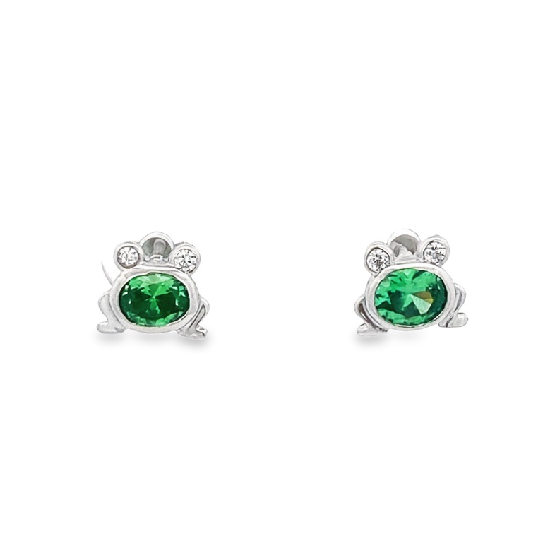 Sterling Silver Frog Earrings With Green And White Cz