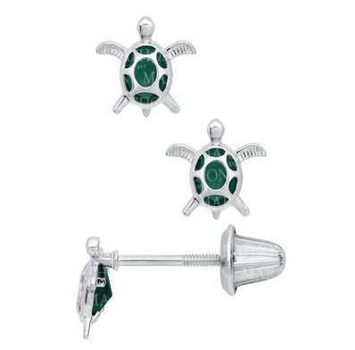 Sterling Silver Turtle With Green Cz Earrings
