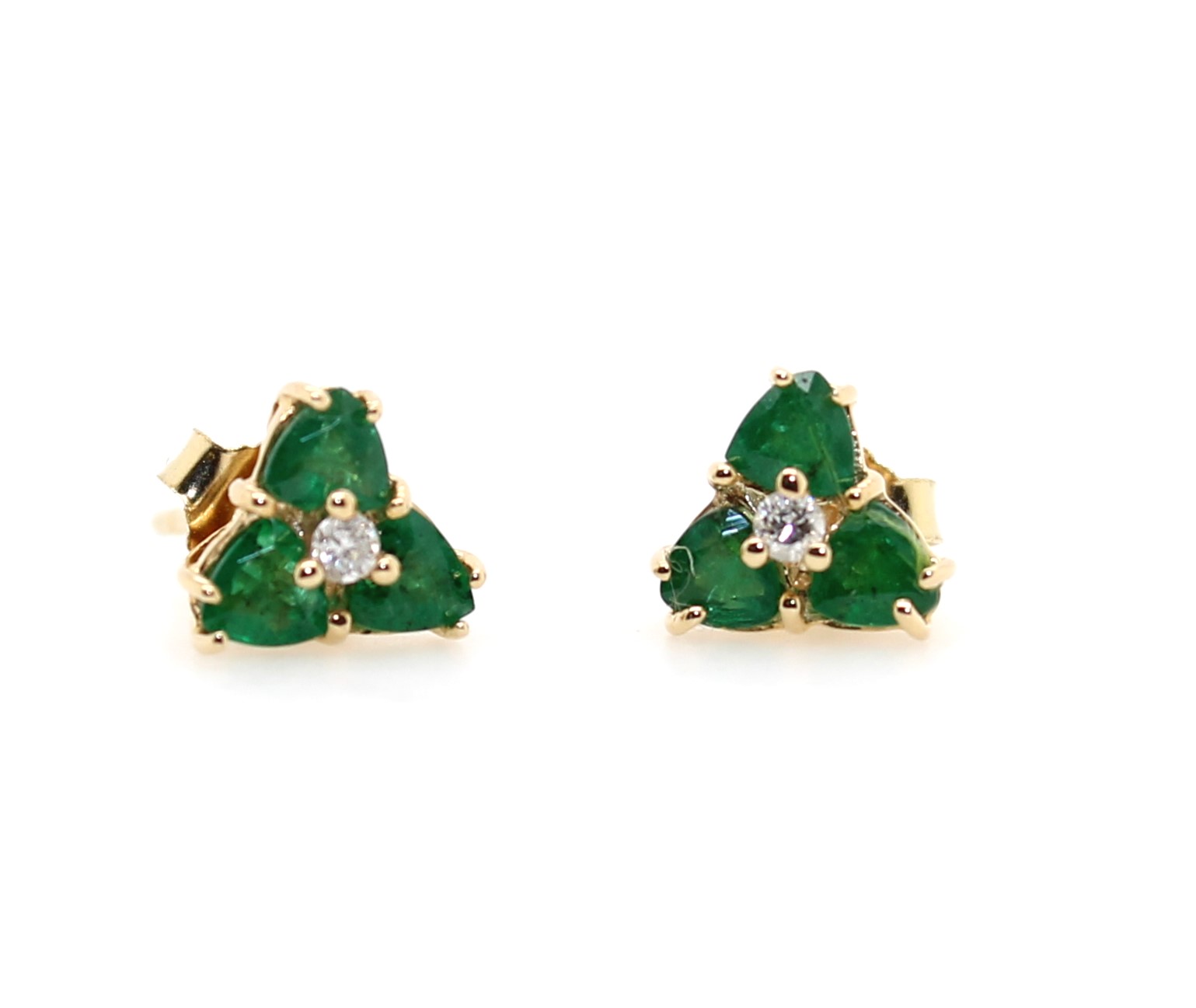 14 Karat Yellow Gold Emerald And Diamond Stud Earrings
