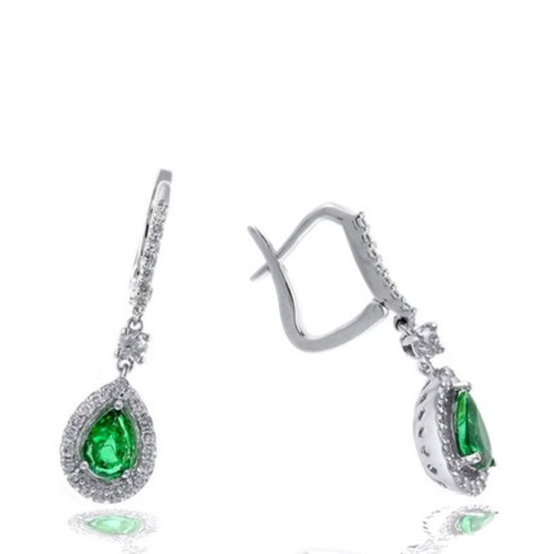 14 Karat White Gold  Emerald And Diamond Dangle Earrings