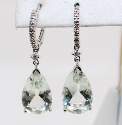 14 karat white gold green amethyst and diamond earrings