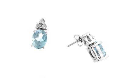 14 Karat White Gold Diamond And Aquamarine Stud Earrings