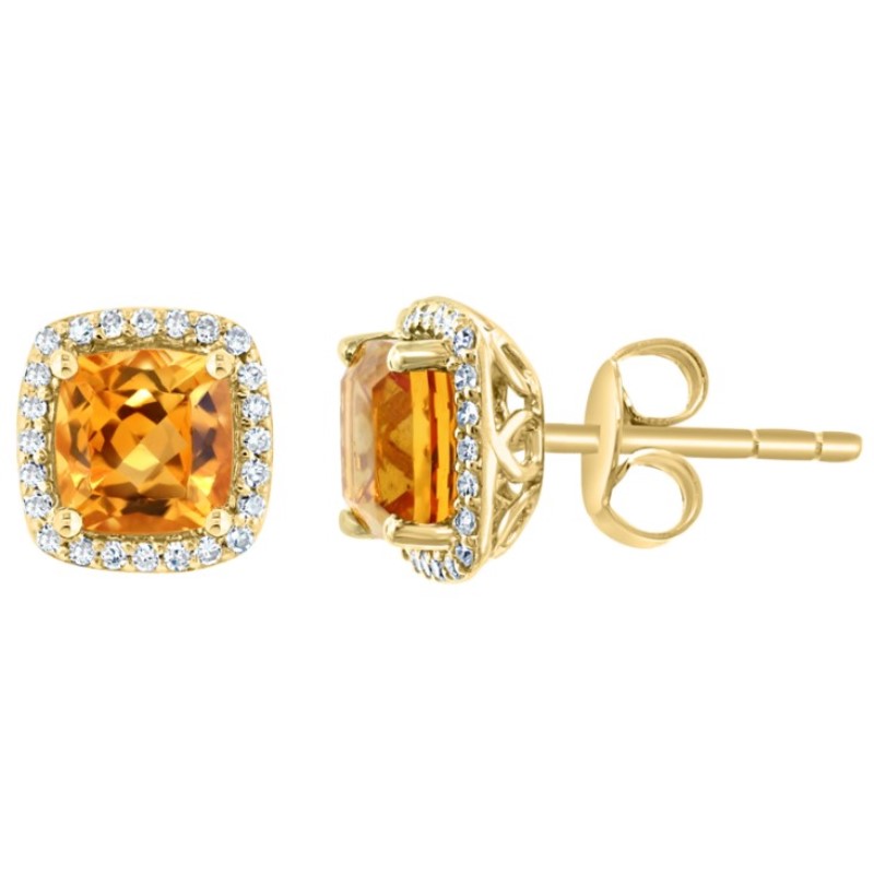 14 Karat Yellow Gold Citrine And Diamond Stud Earrings