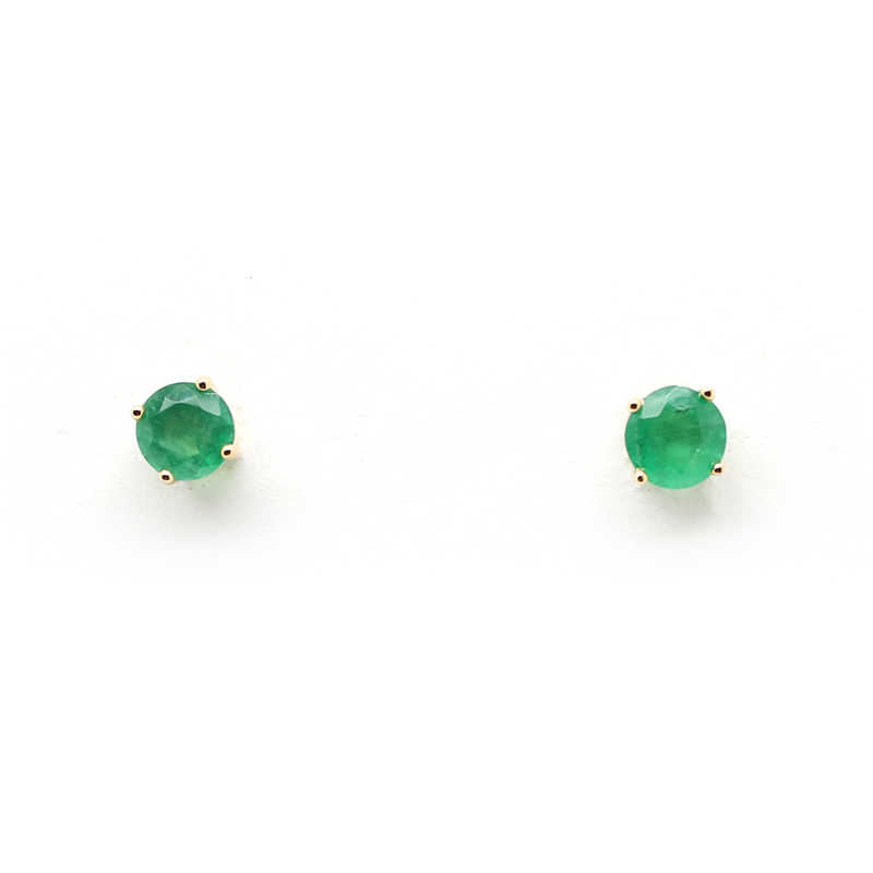 14 Karat Yellow Gold Round Emerald Stud Earrings
