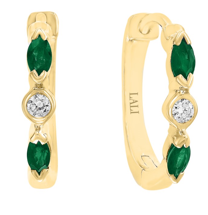 Lali 14 Karat Yellow Gold Emerald And Diamond Hinged Hoop Earrings