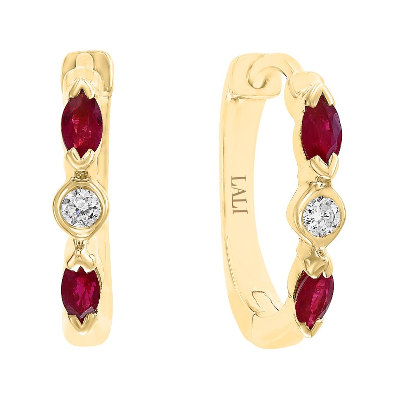 Lali 14 karat yellow gold diamond and ruby huggie earrings