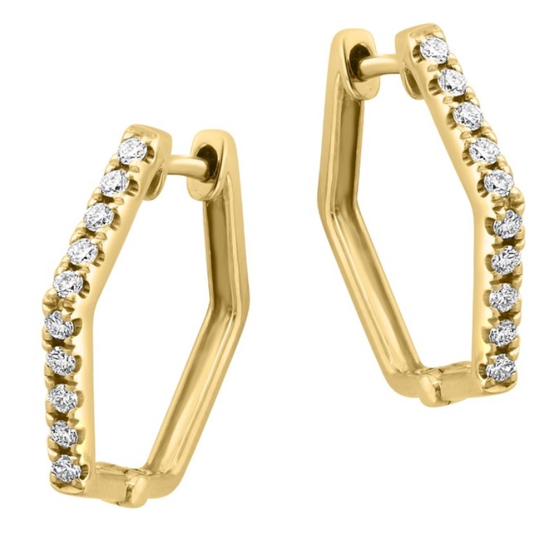 14 Karat Yellow Gold Hexagonal Diamond Hinged Huggie Earrings