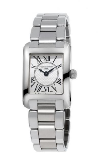 FREDERIQUE CONSTANT CLASSICS CARREE LADY S WATCH. THE WATCH HAS A SS TANK CASE 23X21MM WITH A SILVER ROMAN DIAL A POLISHED BEZEL AND CONVEX SAPPHIRE CRYSTAL. THE QUARTZ 4 JEWEL MOVEMENT HAS A 72 MONTH BATTERY LIFE AND IS