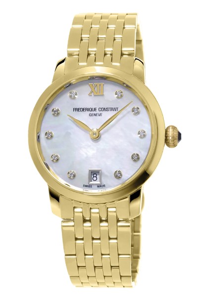 Frederique Constant Slimline 30 mm Stainless Steel Gold Plated Case Having A White Mother Of Pearl Diamond Date Dial Polished Bezel And A Sapphire Crystal
