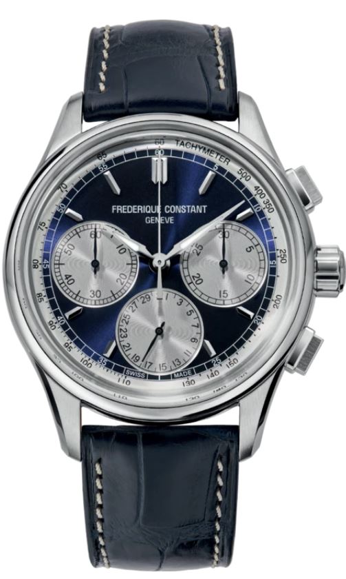 Fredrique Constant Flyback Chronograph timepiece. The watch contains a 42mm stainless steel case with a navy marker dial having 3 silver sub dials a tachmeter ring smooth bezel and a sapphire crystal. The watch also has an automatic movement and a blue