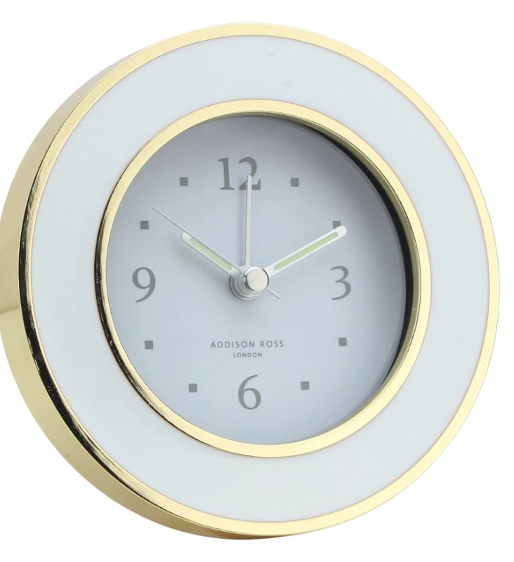 White enamel and gold alarm clock