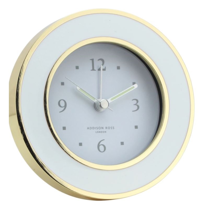 White enamel and gold alarm clock