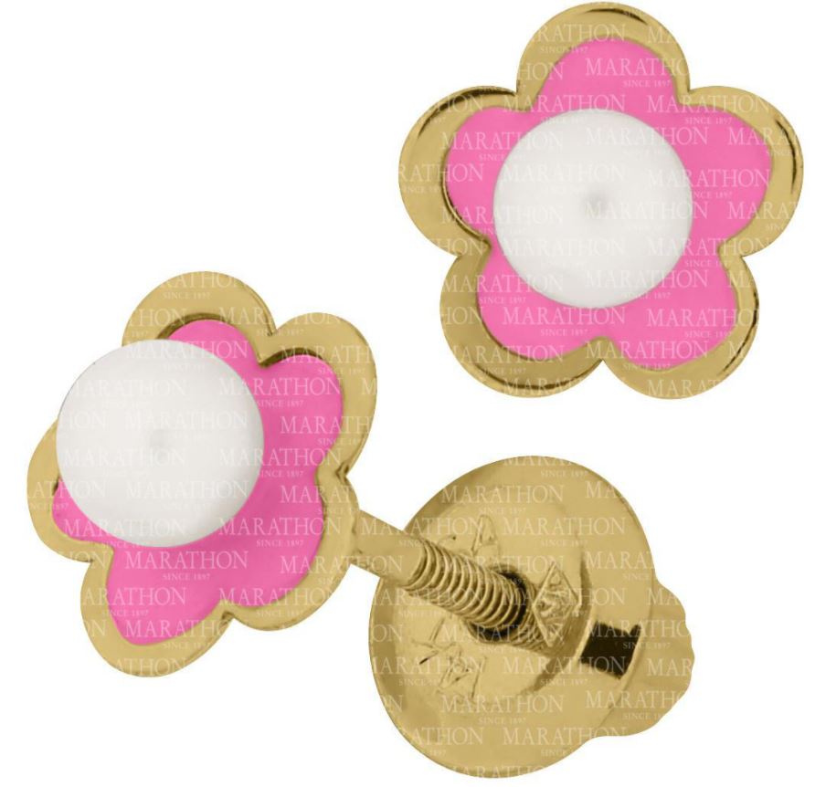 Kiddie Kraft 14 Karat Yellow Gold Baby Pearl And Pink Enamel Earrings With Screw Backs.