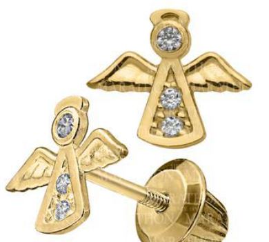 Kiddie Kraft 14 Karat Yellow Gold Cubic Zirconia Angel Stud Earrings With Threaded Safety Posts.