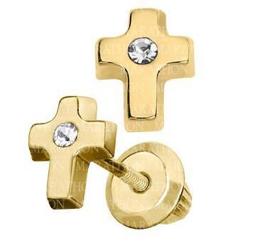 Kiddie Kraft 14 Karat Yellow Gold Cross Earing With 1 Round Cz And Screw Backs