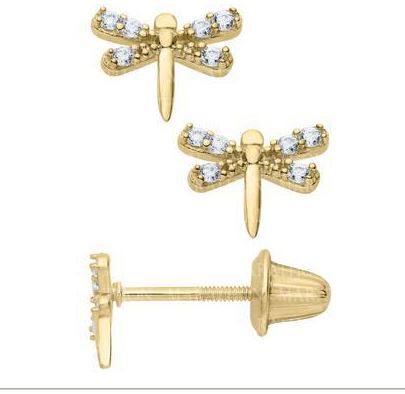 14 Karat Yellow Gold Dragonfly Earrings With CZ