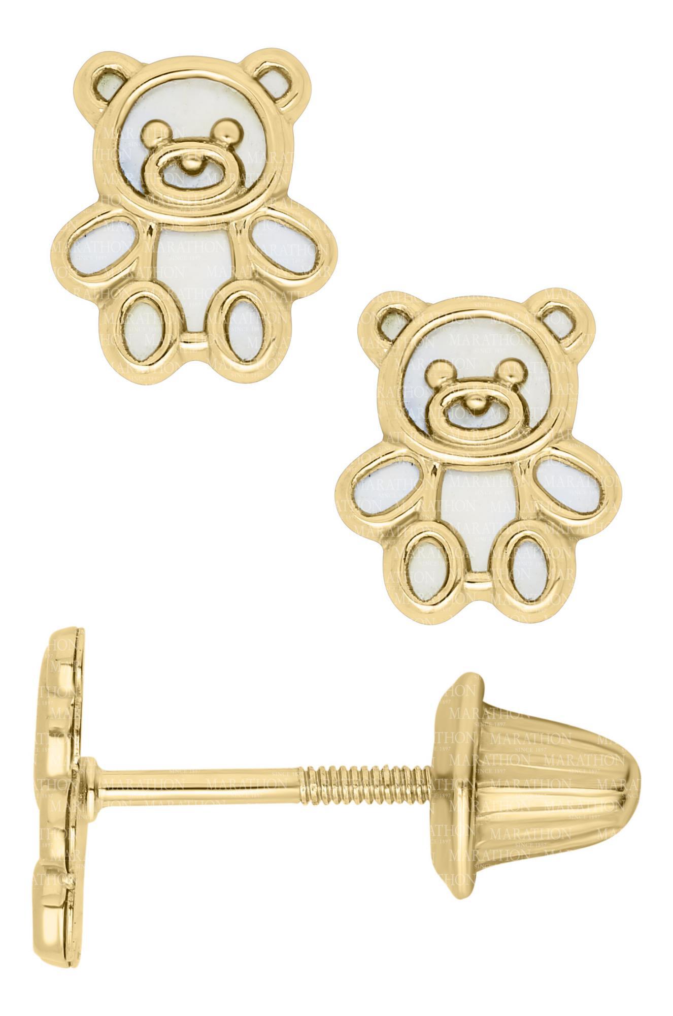 Kiddie Kraft 14 Karat Yellow Gold Teddy Bear Mother Of Pearl Earrings With Threaded Posts