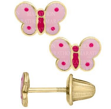 Kiddie Kraft 14 Karat Yellow Gold Pink Fuchsia Dot Butterfly Earrings