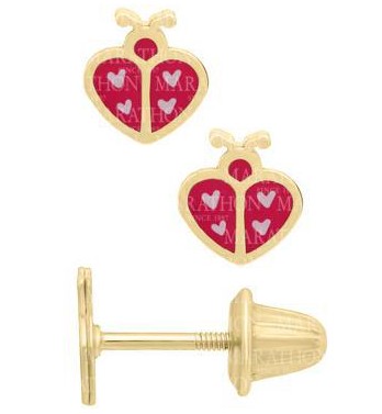 14 Karat Yellow Gold Dark Pink Ladybug Earrings