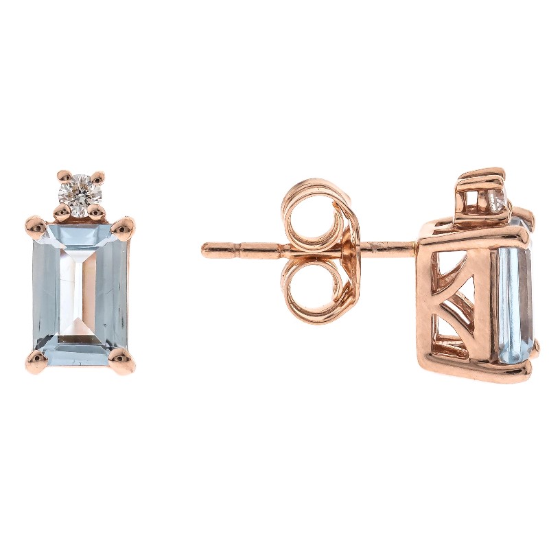 10 Karat Rose Gold Aquamarine And Diamond Stud Earrings