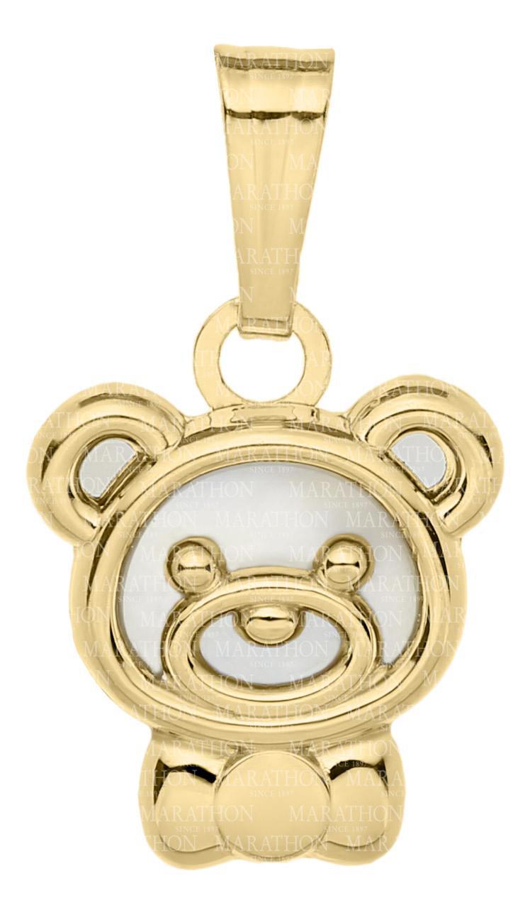 Kiddie Kraft 14 Karat Yellow Gold Teddy Bear Mother Of Pearl Pendant With 15 Inch Chain
