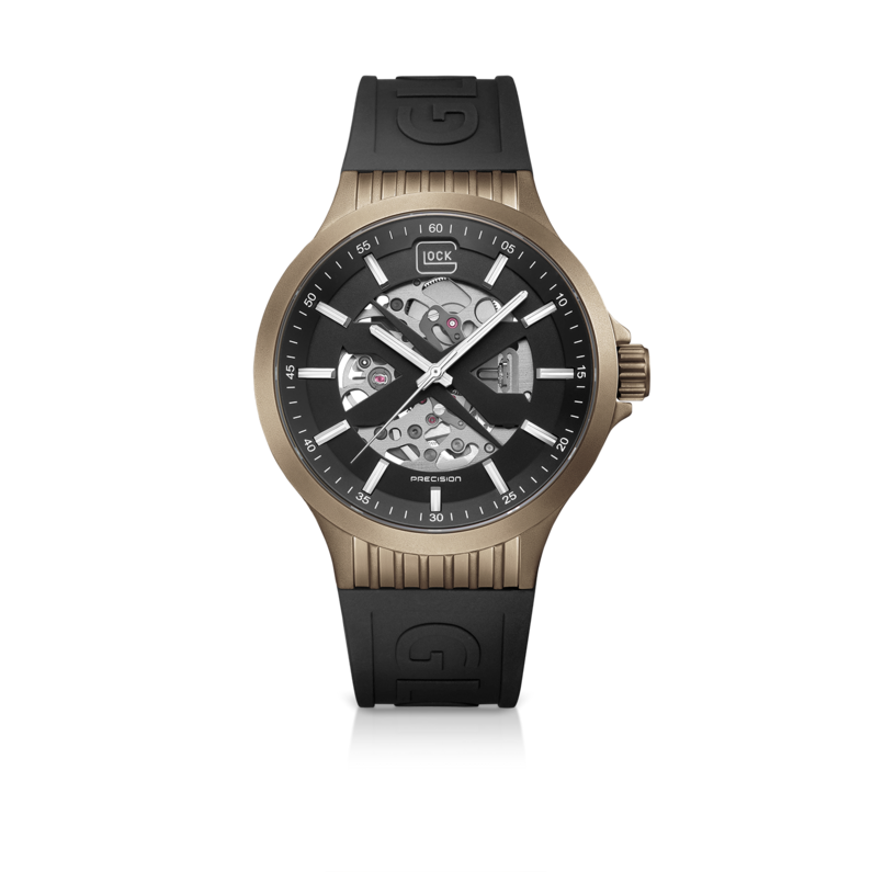 Glock Timepiece Having A Stainless Steel 44 mm Skeleton Back Case With A Khaki Skeleton Marker Dial And A Sapphire Crystal