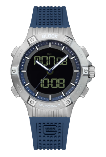 Glock Timepiece Having A Stainless Steel 44 mm Case With Black Digital Date Dial And A Sapphire Crystal The Watch Also Has A Swiss Movement Having A Blue Silicone Strap 24 mm At The Lugs