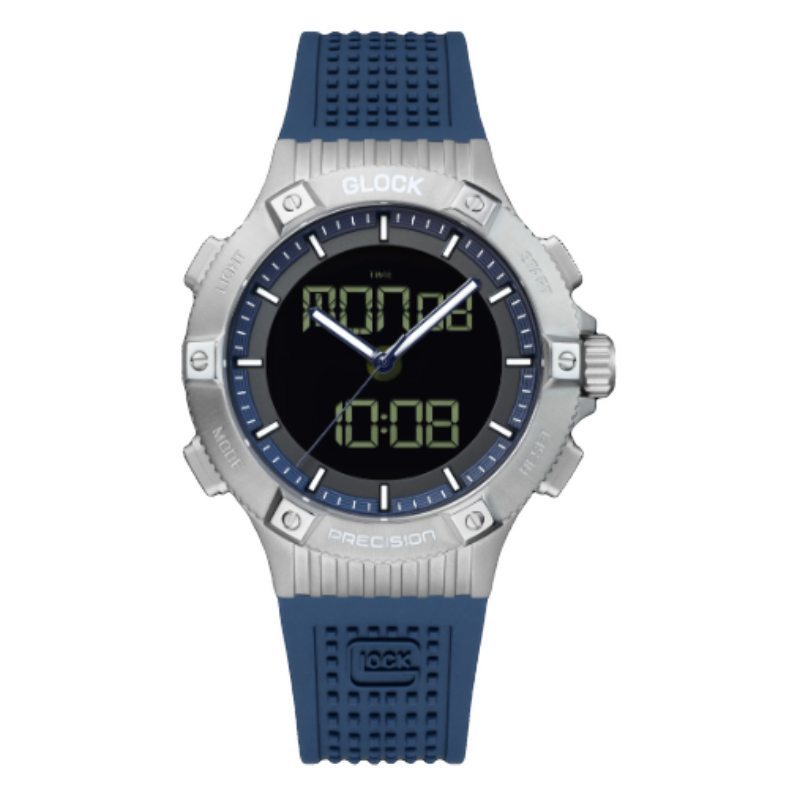 Glock Timepiece Having A Stainless Steel 44 mm Case With Black Digital Date Dial And A Sapphire Crystal The Watch Also Has A Swiss Movement Having A Blue Silicone Strap 24 mm At The Lugs