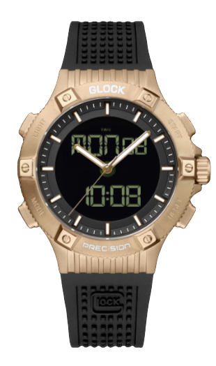 Glock Timepiece Having A Stainless Steel 44 mm Khaki Case With Black Digital Date Dial And A Sapphire Crystal The Watch Also Has A Swiss Movement Having A Black Silicone Strap 24 mm At The Lugs