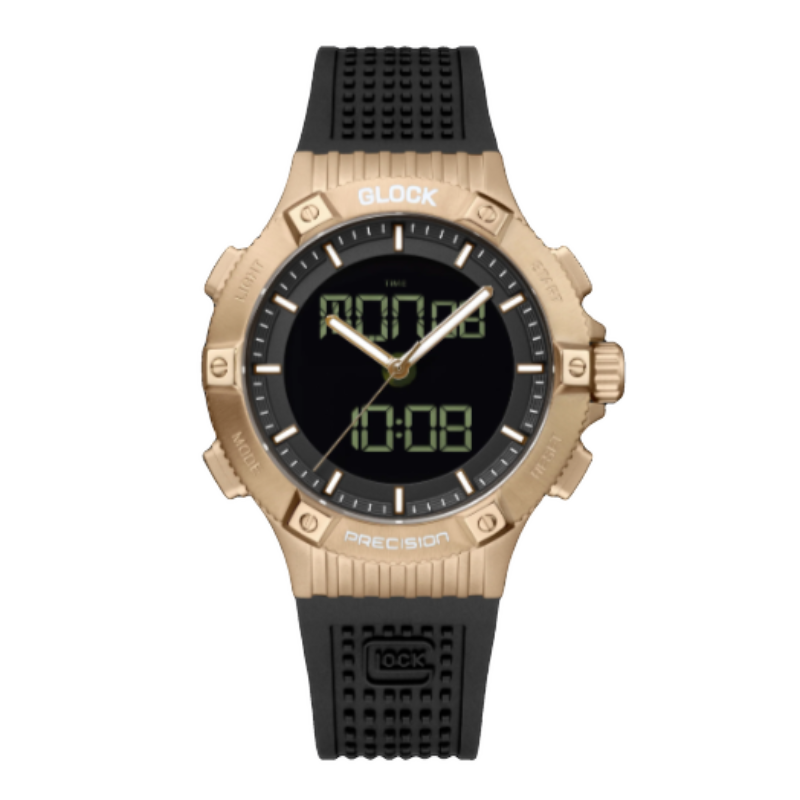 Glock Timepiece Having A Stainless Steel 44 mm Khaki Case With Black Digital Date Dial And A Sapphire Crystal The Watch Also Has A Swiss Movement Having A Black Silicone Strap 24 mm At The Lugs