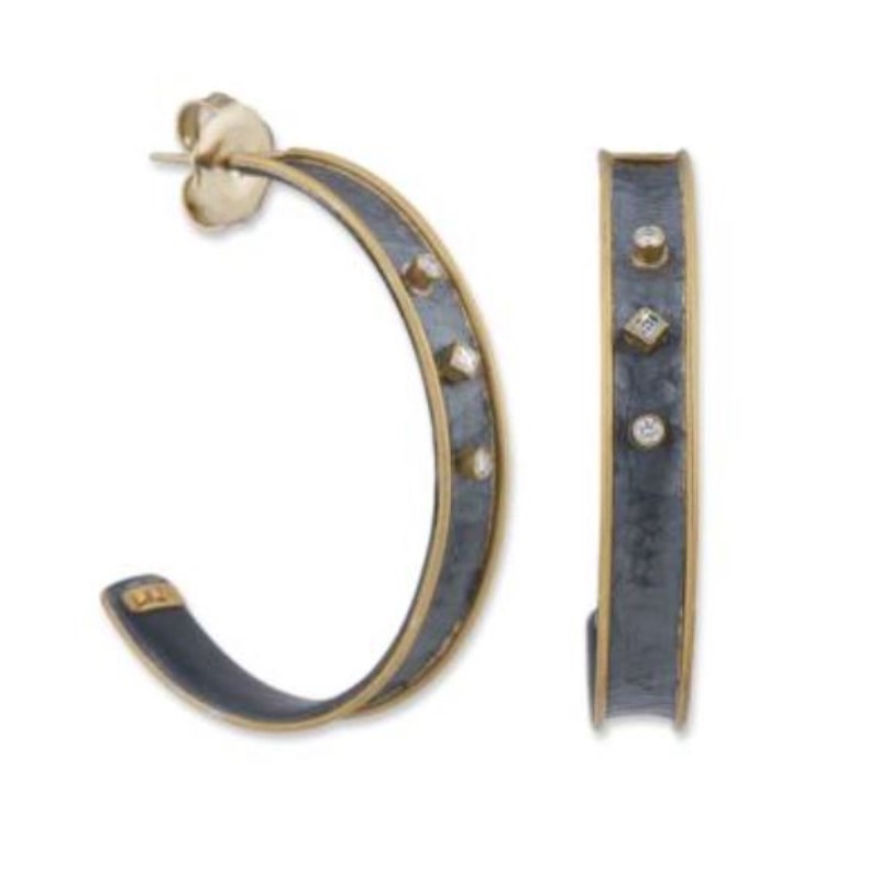 Lika Behar 24K Gold & Oxidized Silver “Inversion” Earrings With Round & Square Step Cut Diamonds  18K Posts & Backs