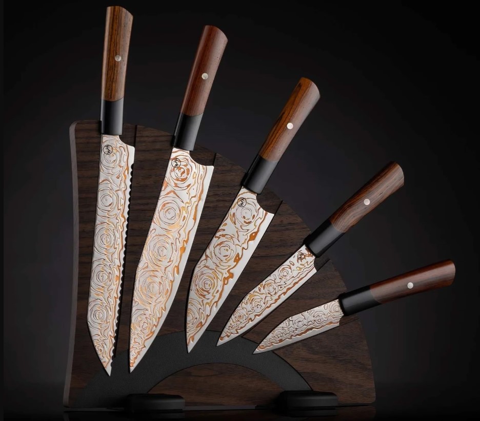 William Henry 'Flare' Chef Knife Set Featuring Black Lip Pearl Handles And Rainbow Damascus Steel Blades With Japanese Hitachi Blue Core