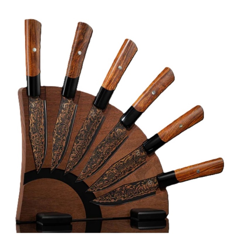 William Henry Steak knife set with black 'Rainbow' damascus blades  Ironwood handles with black pearl inlays  and hardwood rack