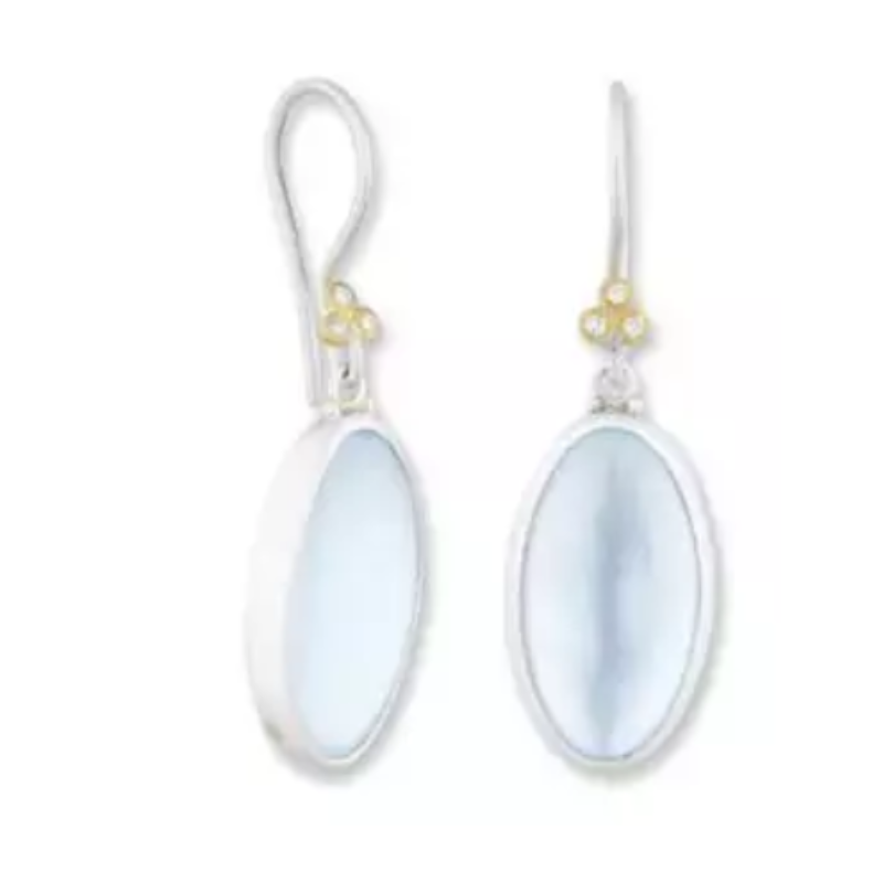 Lika Behar 24K Gold & Sterling Silver “Karnak” Cabochon Oval Blue Topaz And Mother Of Pearl Doublet Earrings  Diamonds  Sterling Silver Earwires  11X20mm Topaz = 19.46 Carats